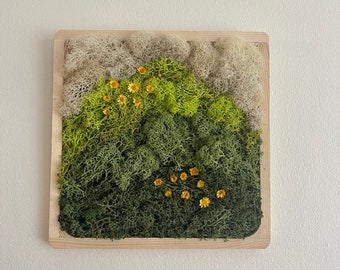 Moss Wall Art | Preserved Moss Art Framed | Square Wood Frame | Green and White with Preserved Flowers