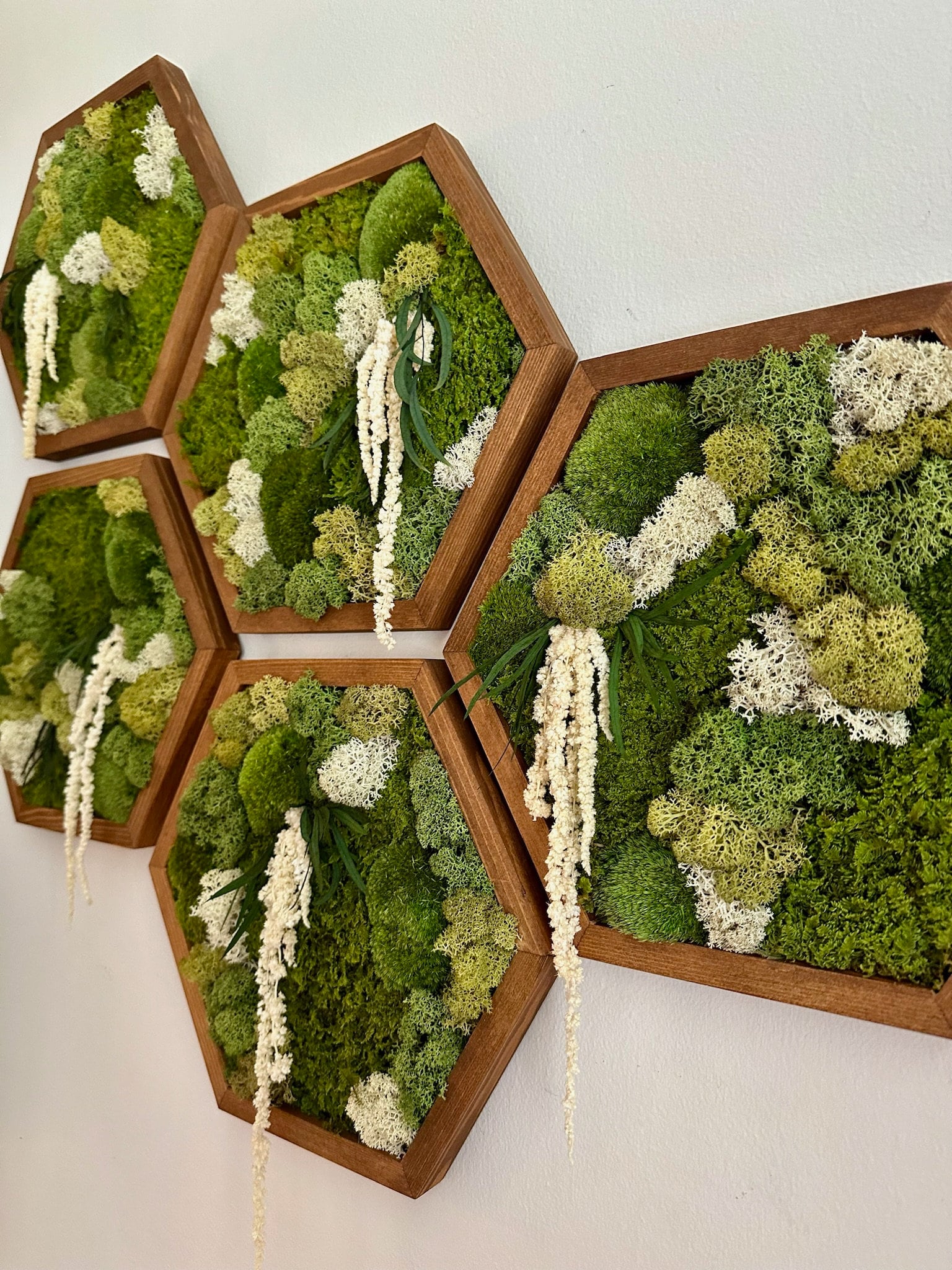 Moss Wall Art Decor | Handmade Wood Hexagon | Sets for 5" x 6", 8" x 9", 10” x 11.5” or 12" x 13 3/4"| Reindeer, Pole, Sheet Moss and Fern