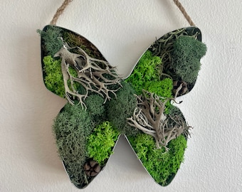Butterfly Moss  | Preserved Moss Wall Art  |  Home Decor  | Metal Butterfly  | Green and Beige Reindeer Moss