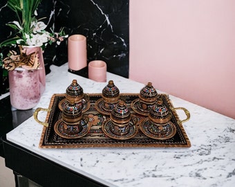 Handmade Copper Coffee Set Of 6, Copper Coffee Set, Turkish Coffe Cup Set, Traditional Turkish Coffee Cups and Tray, Housewarming Gift