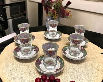 Türkisches Teeset Gläser und Untertassen, 12 Stück 6 Personen, handgemachtes türkisches Teeset, türkische Teetassen, traditionelle Teetassen