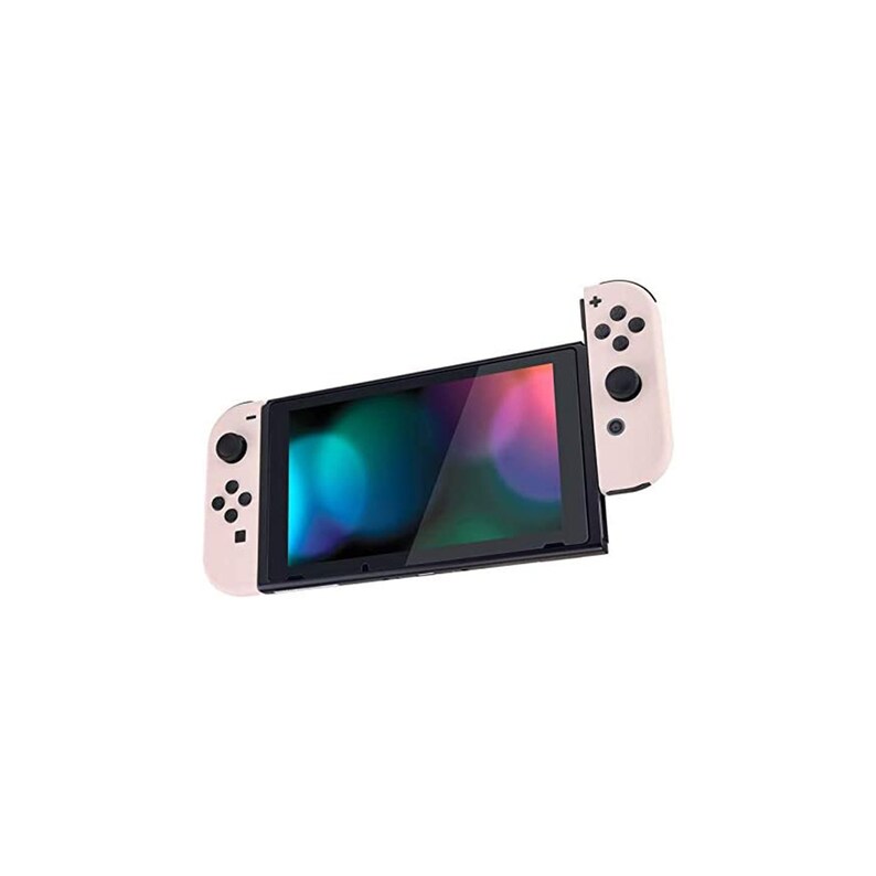 May include: A pink Nintendo Switch console with a black screen displaying a colorful abstract design. The console is in handheld mode with the Joy-Con controllers attached.
