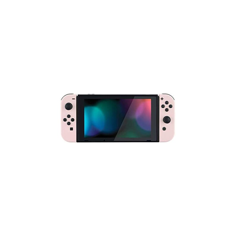 May include: A pink Nintendo Switch console with black buttons and a black screen displaying a colorful abstract background.