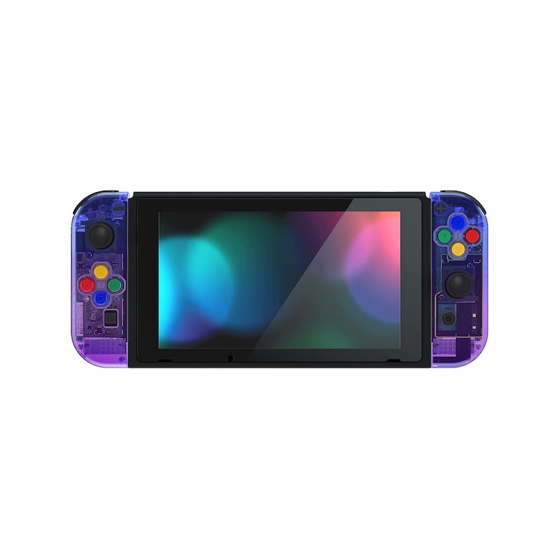 K&ouml;nnte beinhalten: Eine transparente Nintendo Switch-Konsole in Lila und Blau mit bunten Kn&ouml;pfen an den Controllern.
