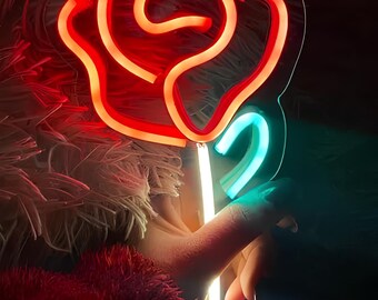 Rose Neon Sign - Red & Green LED Flower Light, Room Decor