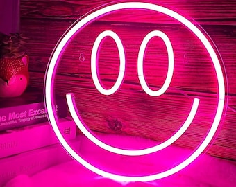 Smiley Face Neon Sign - Pink LED Light, Happy Face Wall Decor