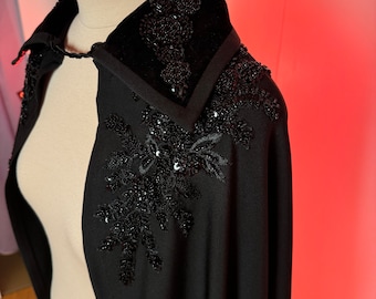 Black Cape: Velvet Collar, Beaded Patches (130cm Length)