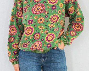 Oilily Sweater Vintage Pullover Baumwolle Bunt Grün Floral 90er Jahre