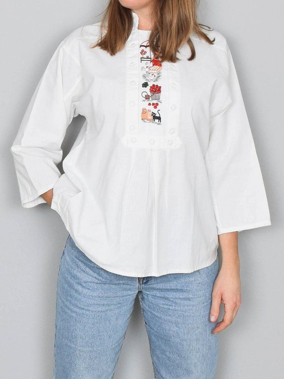 Folklore Bluse Vintage Weiß Stickereien 90er Jahre