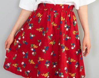 Falda vintage con flores rojas y estampado floral de los años 80, minifalda de algodón.