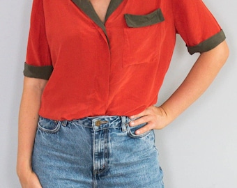 Blusa de seda vintage Etienne Aigner, seda roja, diseñador de moda de los años 90