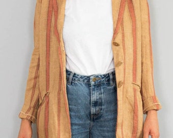 Leinenblazer Vintage Blazer Gestreift Beige Leinen 90er Jahre