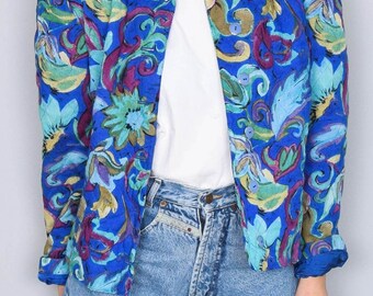 Veste en laine vintage Flower Jacket Veste recadrée Bleu Floral années 90