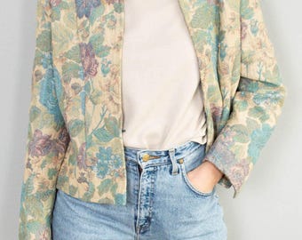Vintage brocade jacket, cropped beige floral, 80s style, cotton
