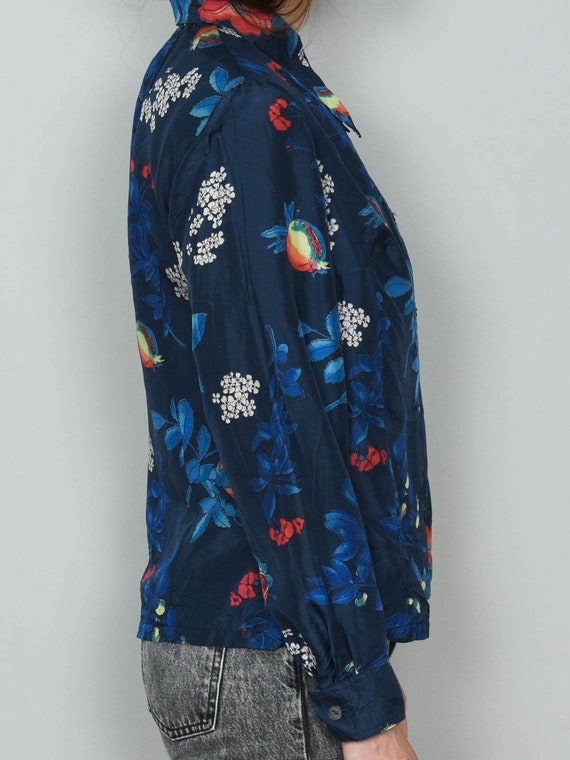 Blaue Seidenbluse Vintage Bluse Floral Seide 70er… - image 4