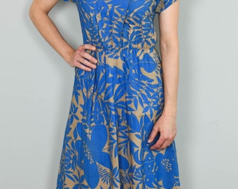 Kleid Vintage Blau Braun Kleid 80er Jahre Midikleid Baumwolle