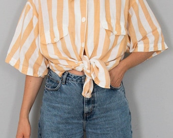 Blusa Tunica Vintage a Righe Anni '90 in Cotone Lino Arancione
