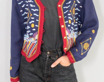 Bogner Jacket Vintage Embroidery Blouson Blazer Designer Fashion Linen Viscose Cropped