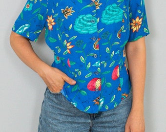 Vintage Bluse Blau Blumenbluse Floral Viskose