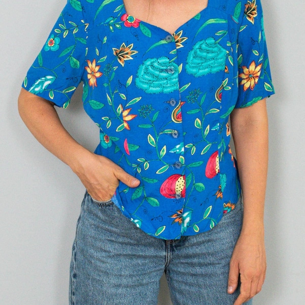 Vintage Bluse Blau Blumenbluse Floral Viskose