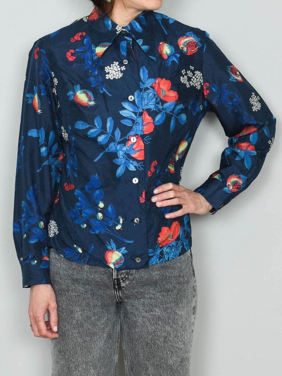 Blaue Seidenbluse Vintage Bluse Floral Seide 70er… - image 1