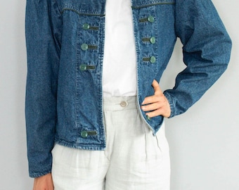 Vintage folkloric denim jacket with puff sleeves, blue cotton, 90s