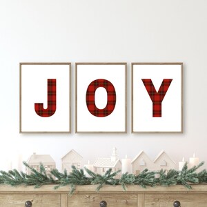 JOY Tartan Plaid Wall Art, Set of 3, Christmas Decor, Christmas Wall Art