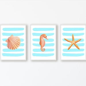 Blue Sea Theme Nursery Wall Art, Set van 3, Nursery Decor, Zeepaardje, Zeeschelp, Zeester