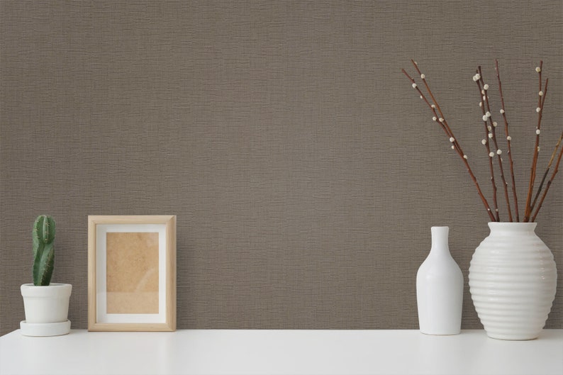 Pu&ograve; includere: Un muro di colore marrone con una texture ruvida, un portafoto, un cactus in vaso e due vasi bianchi con rami e bacche bianche.