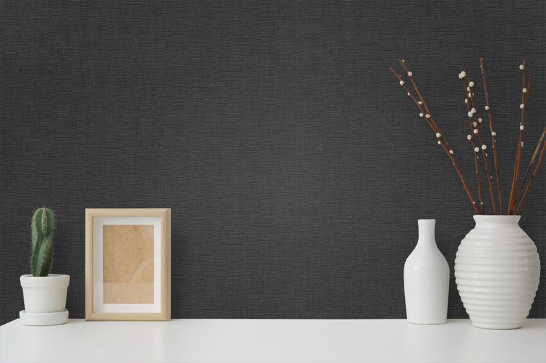 Pu&ograve; includere: Un muro nero testurizzato con una cornice bianca, un cactus in vaso, un vaso bianco con un ramo di bacche bianche e un vaso bianco con superficie testurizzata.