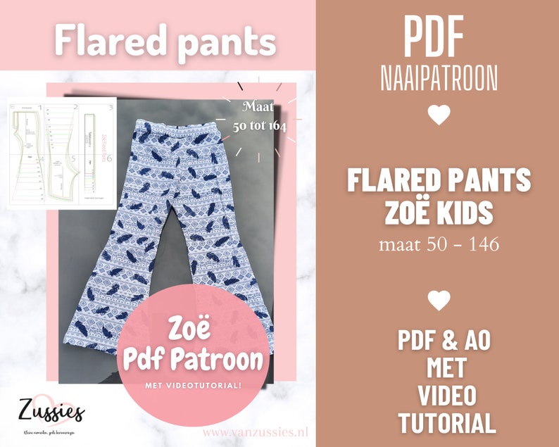 Puede incluir: Un patr&oacute;n de costura digital en PDF para pantalones acampanados Zo&euml; Kids, con tela blanca y un estampado geom&eacute;trico y de plumas azules. La imagen muestra los pantalones, un dise&ntilde;o t&eacute;cnico del patr&oacute;n y texto que incluye Flared pants, Zo&euml; Kids y PDF.