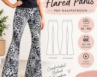 Puede incluir: Patrón de costura en PDF para pantalones acampanados con un diseño de estampado animal en blanco y negro. El gráfico incluye dibujos técnicos de la parte delantera y trasera, junto con texto que indica tallas XS a XXL, formato A0 y A4 y tutorial.
