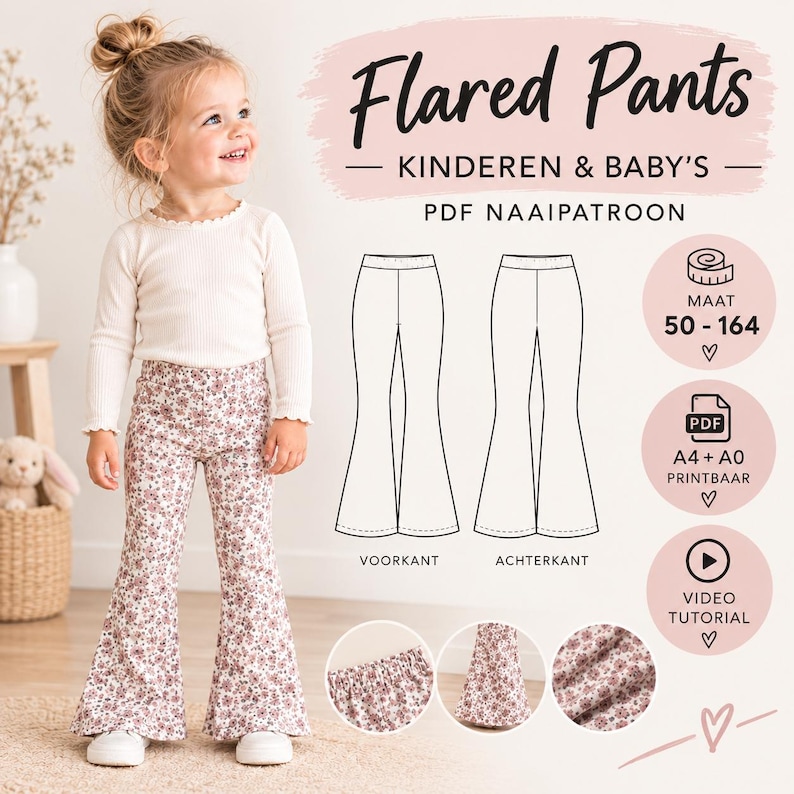 Puede incluir: Un patr&oacute;n de costura digital para pantalones acampanados de ni&ntilde;os y beb&eacute;s. La imagen muestra el texto Flared Pants, Kinderen & Baby's, PDF Naaipatroon, Maat 50-164, A4 + A0 Printbaar y Video Tutorial. Incluye dibujos lineales de los pantalones.