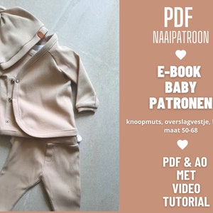 Op de afbeelding: PDF naaipatroon voor een babyset inclusief een muts, een wikkeltop en een broek. Het patroon bevat instructies voor maten 50-68 cm. Het patroon is beschikbaar als digitale download met video tutorials.