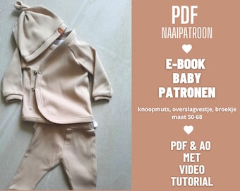 baby naaipatronen e-book met pdf patroon; knoopmuts, overslagvestje en babybroekje.