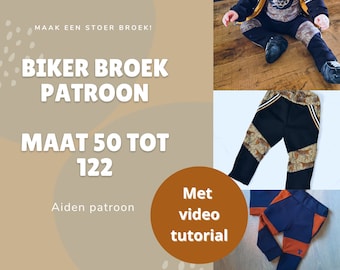 Naaipatroon PDF & A0: Aiden Bikerbroek maat 50 tot 122. Met video tutorial + stappenplan voor het naaien van baby,peuter, kleuter bikerbroek