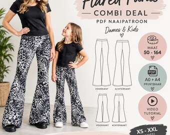 Puede incluir: Un patrón de costura digital para pantalones acampanados con estampado animal en blanco y negro. La imagen muestra el texto Flared Pants COMBI DEAL, PDF NAAIPATROON, Dames & Kids, e incluye dibujos técnicos de los pantalones y tallas 50-164 y XS-XXL.