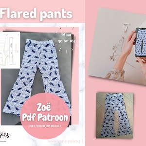 Puede incluir: Pantalones acampanados con un patr&oacute;n de plumas en blanco y azul. La imagen incluye un diagrama de patr&oacute;n de costura etiquetado como Maat 50 tot 164, el texto Zo&euml; Pdf Patroon y la marca Zussies. El dise&ntilde;o presenta un motivo geom&eacute;trico y de plumas.