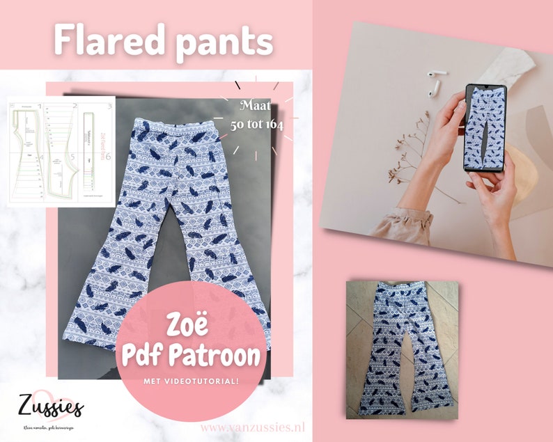 Puede incluir: Pantalones acampanados con un patr&oacute;n de plumas en blanco y azul. La imagen incluye un diagrama de patr&oacute;n de costura etiquetado como Maat 50 tot 164, el texto Zo&euml; Pdf Patroon y la marca Zussies. El dise&ntilde;o presenta un motivo geom&eacute;trico y de plumas.