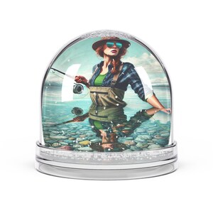 Personalizable Confident Woman Fishing Snow Globe |  Waist Deep Water  Clear Reflection | Empowering Outdoor Woman Gift