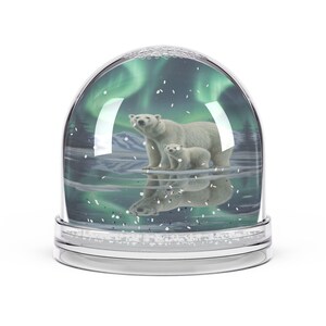 Personalized Polar Bear Snow Globe, Mama & Cub on Ice, Northern Lights Reflection Art Globe, Custom Name Arctic Gift Decor