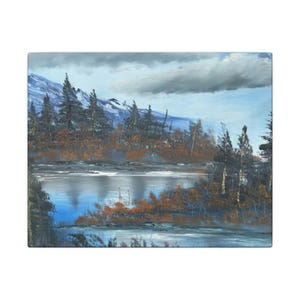 Bob Ross style autumn lake painting Printed on matte canvas