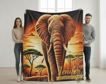 Personalized Elephant Blanket - Savanah Wildlife Art, Custom Name Velveteen Throw