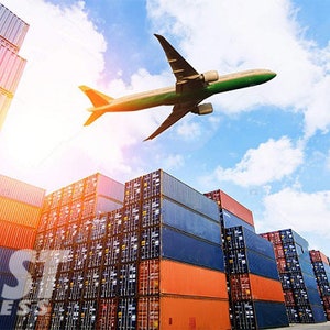 May include: A large cargo plane flies over a stack of shipping containers. The containers are stacked high and are a variety of colors, including blue, red, and orange. The text "FAST EXPRESS" is visible in the foreground.