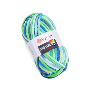 May include: A skein of YarnArt Cord Yarn VR in a blue, green, and light green colour gradient. The label reads "YarnArt Cord Yarn VR www.yarnart.info".