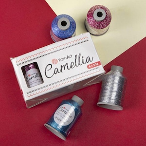 Hilo metálico Camellia de Yarnart, hilo de bordar, hilo de crochet, hilo de fantasía, 1.76 oz, 492 yardas, hilo de encaje brillante, hilo para accesorios