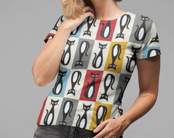 Tshirt unisexe à imprimé chat, impression de chat moderne du milieu du siècle, chemise de chat drôle, cadeau pour les amoureux des chats, chemise de chat AOP, chemise de maman de chat