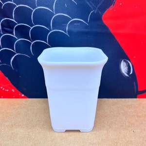 Puede incluir: Un macetero cuadrado de plástico blanco con bordes redondeados y un labio ligeramente acampanado. El macetero tiene cuatro pequeños pies en la parte inferior.