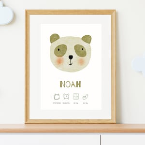 Personalisiertes Geburtsposter für Kinderzimmer als Digitaler Download | Aquarell Panda | Geschenk zur Geburt für Eltern & Großeltern