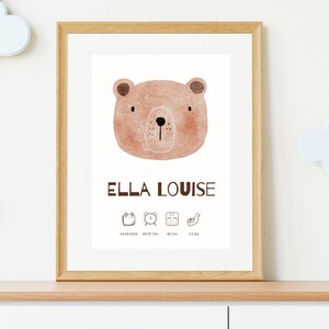 Póster de nacimiento personalizado para habitaciones infantiles como descarga digital | Acuarela Oso | Regalo para el nacimiento para padres y abuelos